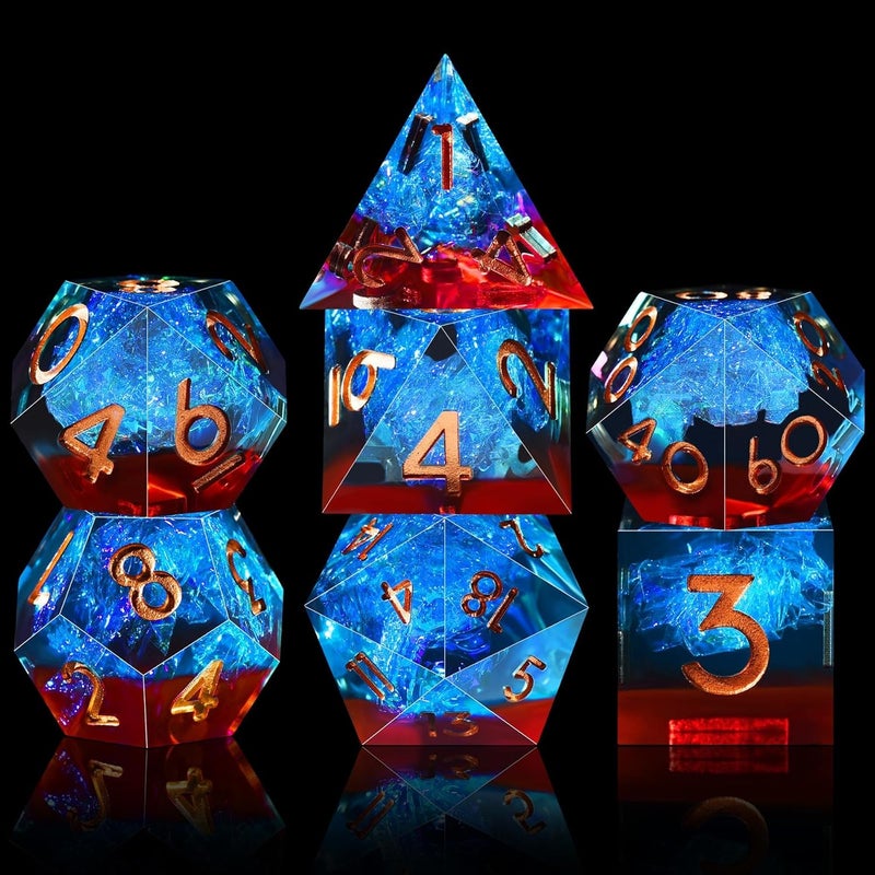 AUSTOR 7-Die DND Dice Set Handmade Sharp Edge Polyhedral Dice for Dungeons and Dragons RPG MTG Table Games（Flame Red & Ice Blue） - Image 2